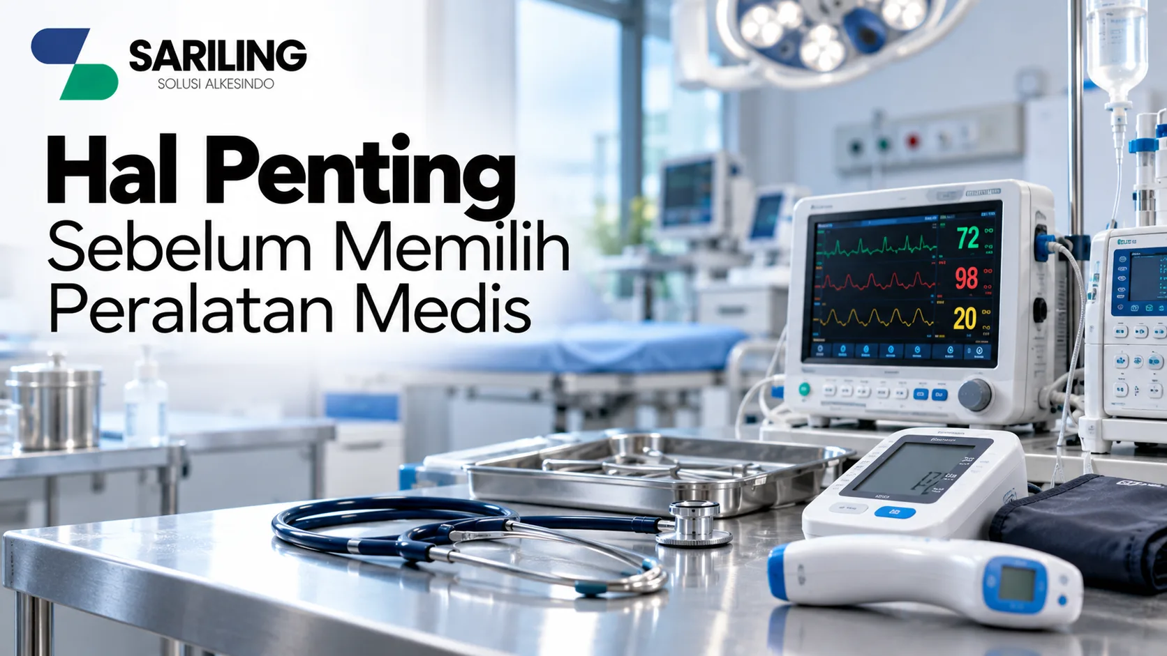 Banner artikel “Hal Penting Sebelum Memilih Peralatan Medis” dengan tampilan monitor pasien, alat infus, stetoskop, tensimeter digital, dan termometer di ruang medis modern, dilengkapi logo SARILING SOLUSI ALKESINDO.