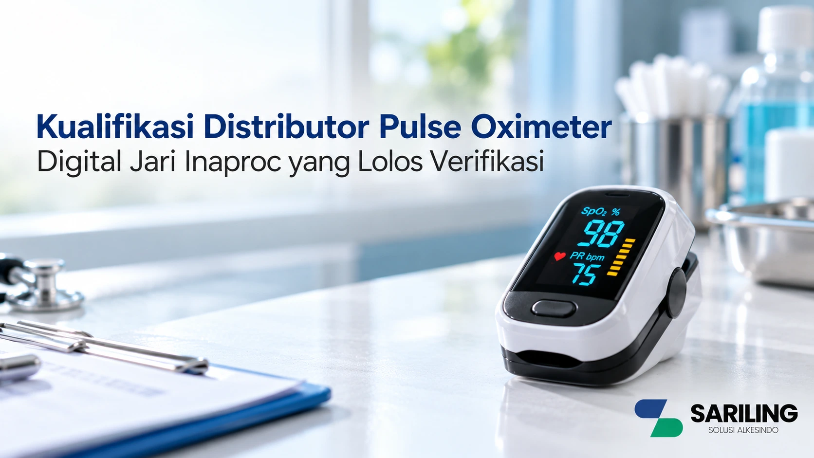 Banner kualifikasi distributor pulse oximeter digital jari Inaproc yang lolos verifikasi dengan produk pulse oximeter dan logo SARILING Solusi Alkesindo.