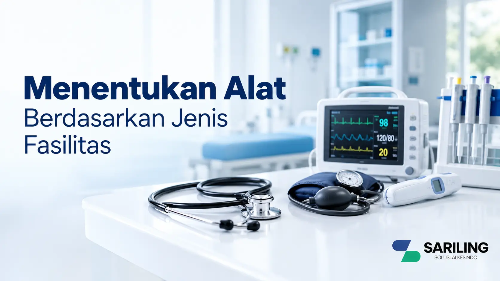 Banner pemilihan alat kesehatan berdasarkan jenis fasilitas medis dengan perlengkapan pemeriksaan, monitor pasien, tensimeter, dan termometer untuk mendukung kebutuhan pelayanan kesehatan.