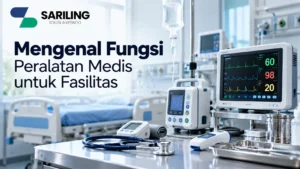 Banner mengenal fungsi peralatan medis untuk fasilitas kesehatan, menampilkan monitor pasien, infusion pump, stetoskop, tensimeter, dan perlengkapan medis lainnya dengan logo Sariling Solusi Alkesindo.