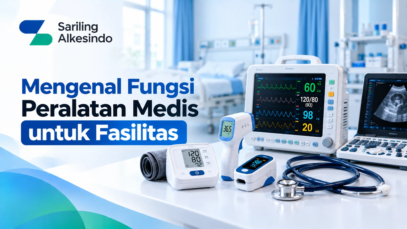 Edukasi Alat Medis Pengadaan dengan ilustrasi monitor pasien, alat USG, tensimeter digital, termometer inframerah, pulse oximeter, dan stetoskop untuk fasilitas kesehatan.