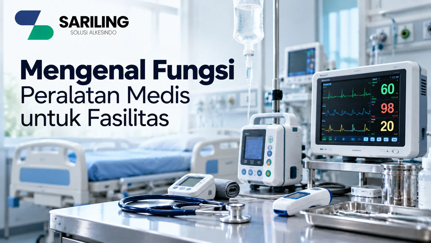 Banner mengenal fungsi peralatan medis untuk fasilitas kesehatan, menampilkan monitor pasien, infusion pump, stetoskop, tensimeter, dan perlengkapan medis lainnya dengan logo Sariling Solusi Alkesindo.