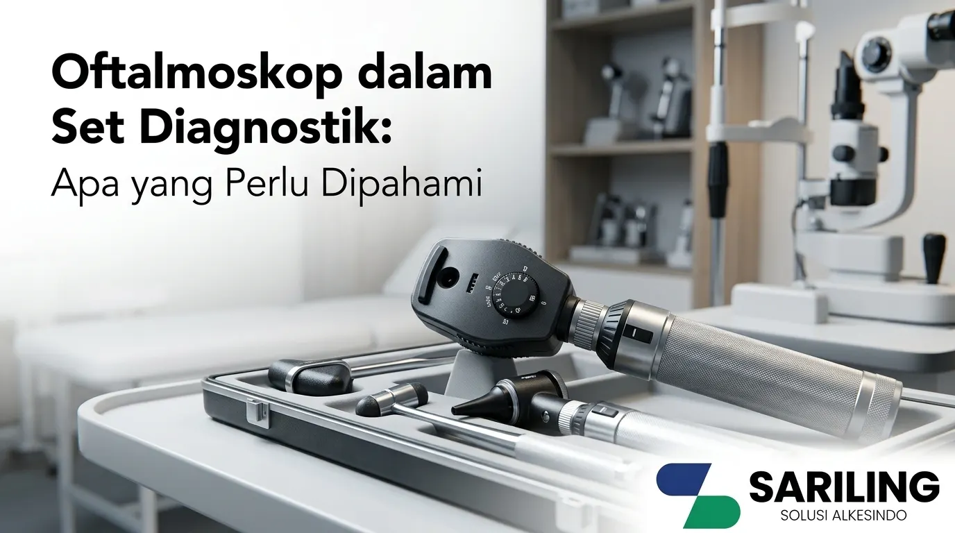 Banner artikel berjudul "Oftalmoskop dalam Set Diagnostik: Apa yang Perlu Dipahami" dengan latar belakang set alat diagnostik medis dan oftalmoskop di klinik, serta logo PT Sariling Solusi Alkesindo di sudut kanan bawah.