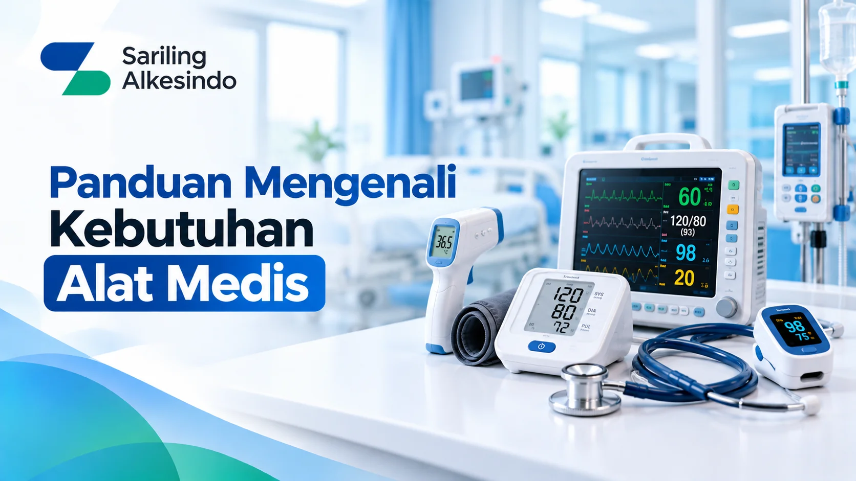 Panduan Alkes Pengadaan Pemerintah dengan ilustrasi monitor pasien, tensimeter digital, termometer inframerah, pulse oximeter, stetoskop, dan alat infus untuk kebutuhan fasilitas kesehatan.