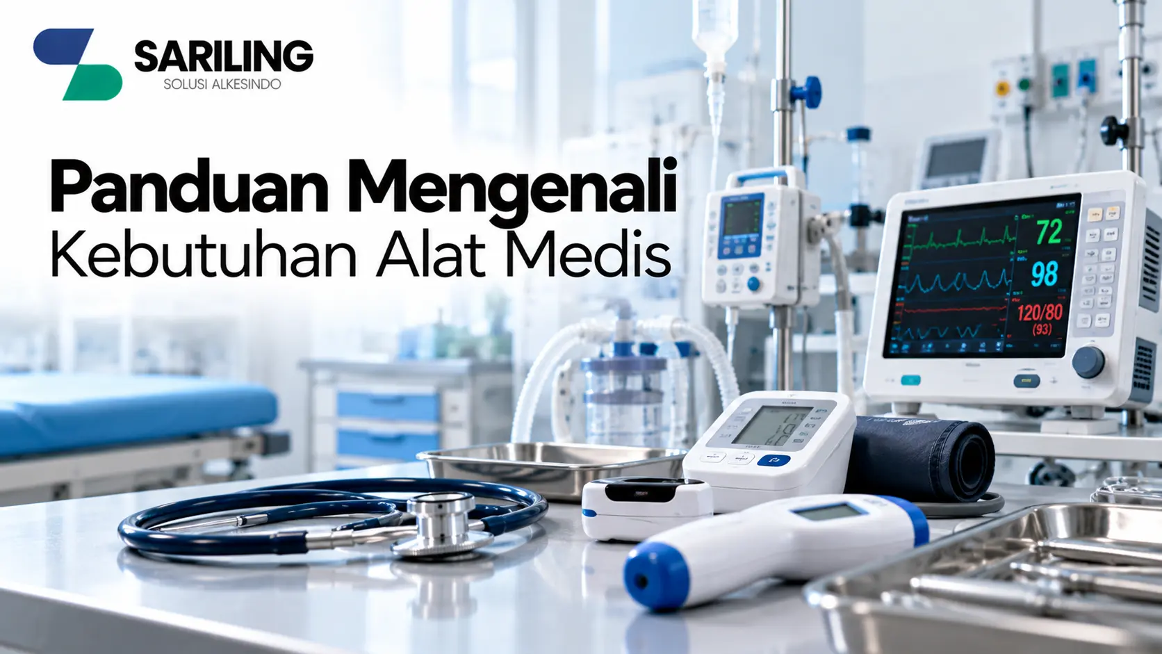 Banner Panduan Mengenali Kebutuhan Alat Medis dengan berbagai peralatan medis, seperti stetoskop, tensimeter digital, termometer, dan monitor pasien di lingkungan rumah sakit, dilengkapi logo Sariling Solusi Alkesindo.