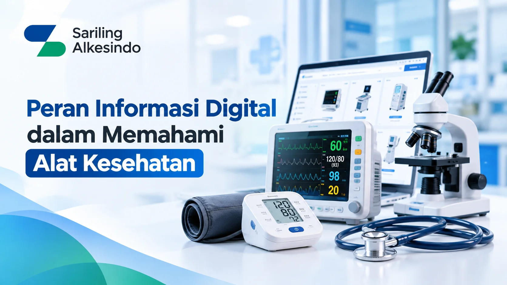 Penyedia Blog Alat Kesehatan Inaproc dengan ilustrasi monitor pasien, tensimeter digital, mikroskop, dan katalog produk alat kesehatan.
