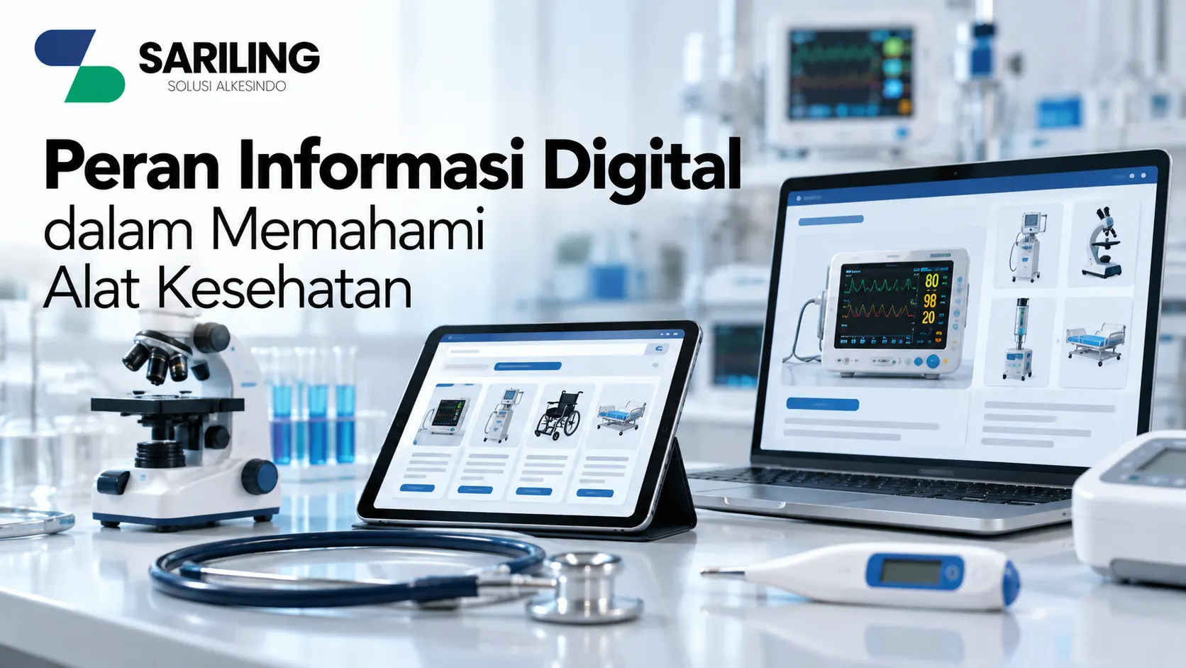 Banner Sariling Solusi Alkesindo tentang peran informasi digital dalam memahami alat kesehatan, menampilkan laptop dan tablet dengan katalog alat medis digital, mikroskop, stetoskop, termometer digital, serta peralatan medis di lingkungan laboratorium modern.