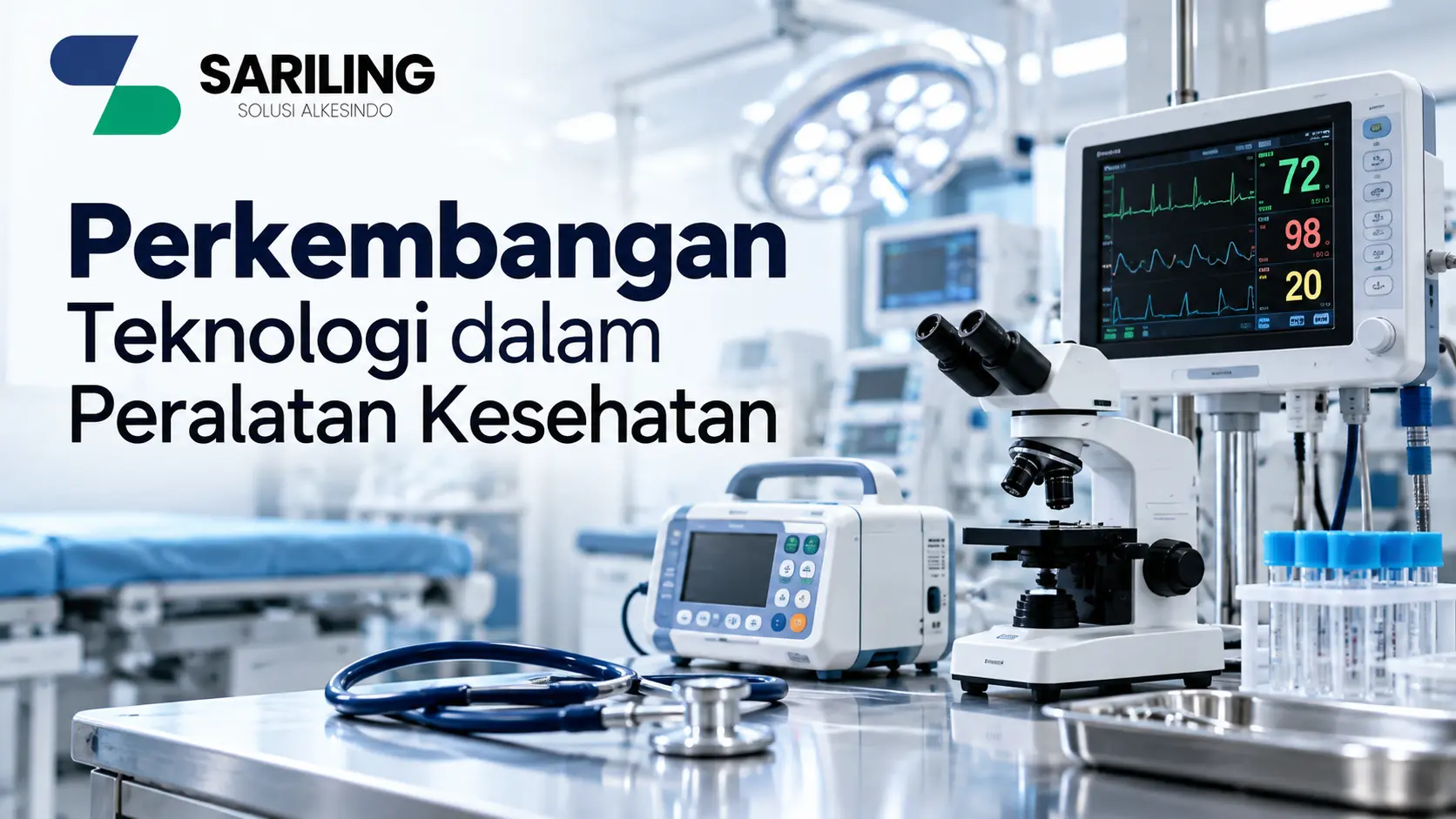 Banner perkembangan teknologi dalam peralatan kesehatan yang menampilkan monitor pasien digital, mikroskop, alat infus, stetoskop, dan peralatan medis modern di lingkungan rumah sakit, dilengkapi logo Sariling Solusi Alkesindo.
