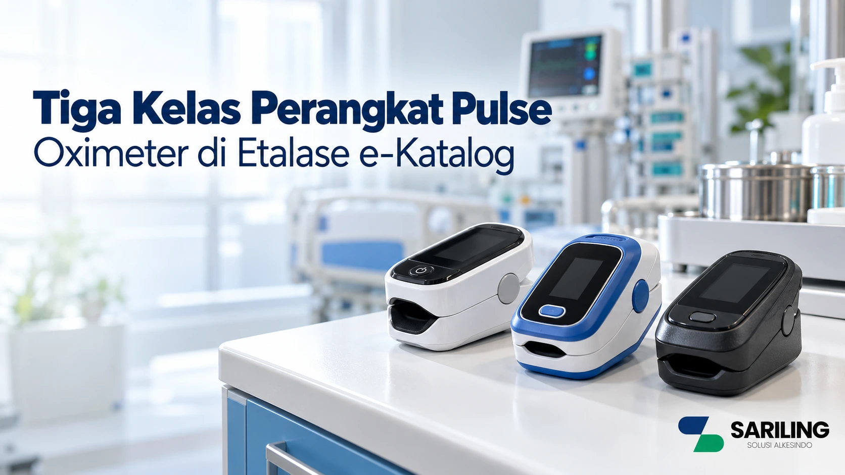 Tiga kelas perangkat pulse oximeter untuk kebutuhan pengadaan alat kesehatan di etalase e-Katalog INAPROC dengan logo Sariling Solusi Alkesindo.