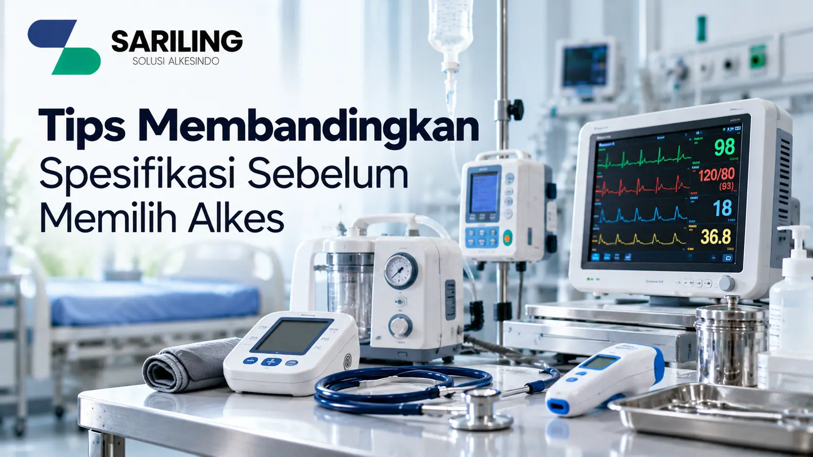 Banner tips membandingkan spesifikasi sebelum memilih alat kesehatan (alkes), menampilkan monitor pasien, infusion pump, tensimeter digital, stetoskop, dan peralatan medis lainnya dengan logo Sariling Solusi Alkesindo.