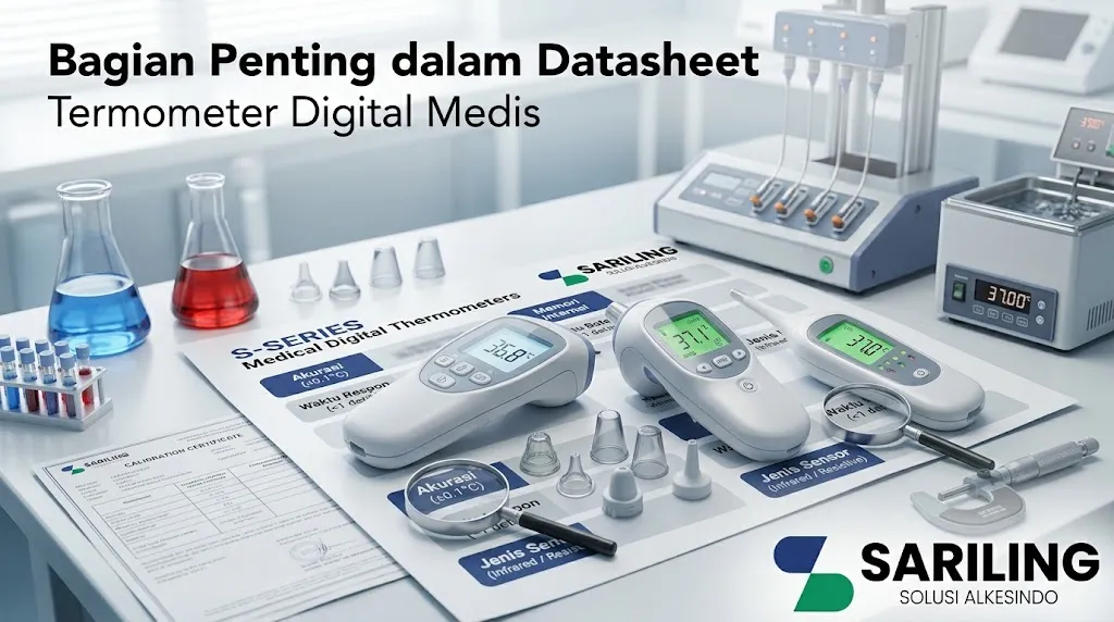 Perbandingan tiga jenis termometer digital medis modern di atas meja laboratorium.